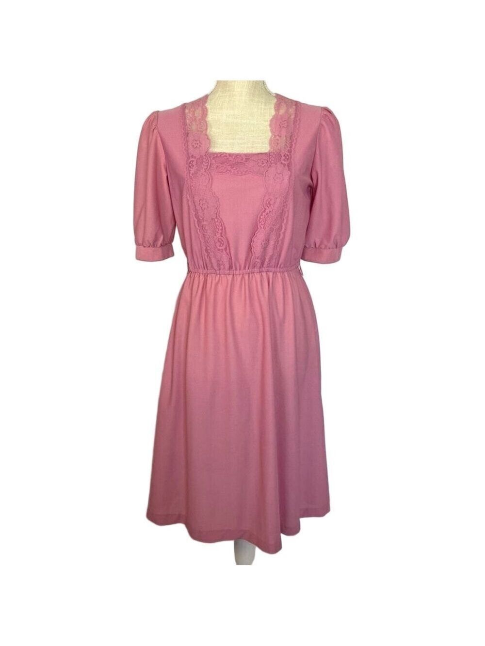 Vintage 70s 80s Pink Mauve Midi Dress Lace Women’s 8 or Small-Medium Stretchy